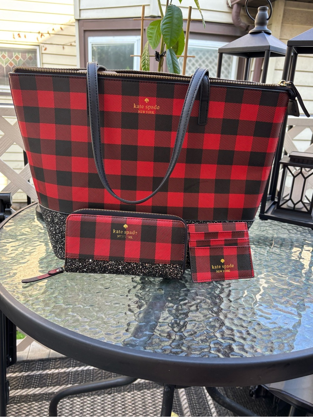 Kate Spade Buffalo Plaid zip top 3 pc red and black check wallet ,card case set